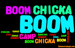 Colorful word cloud with Boom Chicka Boom, highlighting summer camp songs and activities.
