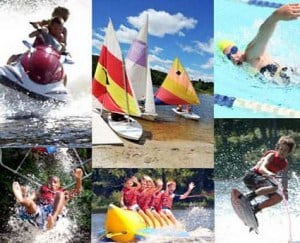 Summer camp activities: jet skiing, sailing, swimming, zip-lining, banana boating, and water skiing. Perfect for adventure lovers!