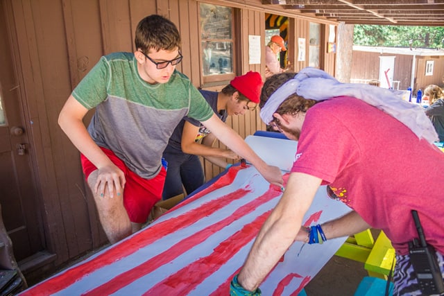 Campers painting banners during a creative activity at summer camp, enhancing teamwork and artistic skills. Campers painting banners during a creative activity at summer camp, enhancing teamwork and artistic skills.
