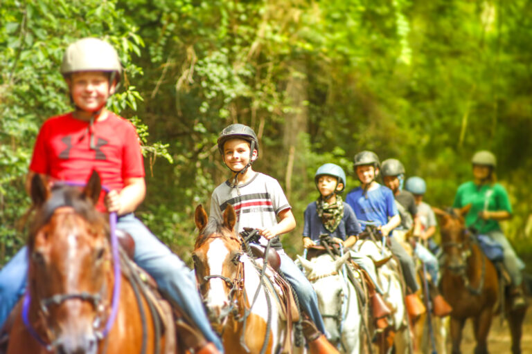 Children horseback riding at summer camp in a lush forest setting. Perfect outdoor adventure for kids. Children horseback riding at summer camp in a lush forest setting. Perfect outdoor adventure for kids.