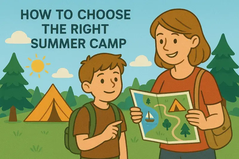 Parent and child choosing the best summer camp from a map, surrounded by nature and a sunny day.