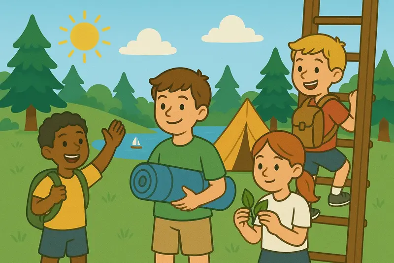 Happy kids enjoying outdoor activities at a summer camp with tents and trees in the background.