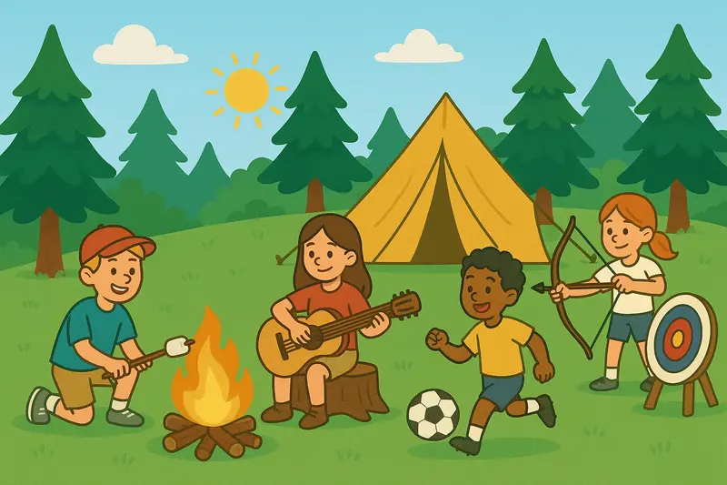 Kids enjoying camp activities: roasting marshmallows, playing guitar, archery, and soccer near a tent and campfire.