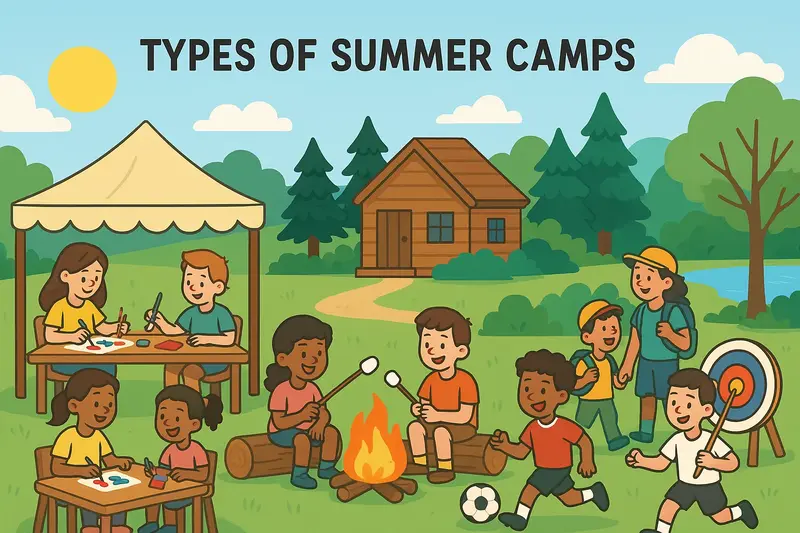 Illustrated kids enjoying various summer camp activities like arts, campfire, and archery in a scenic outdoor setting.