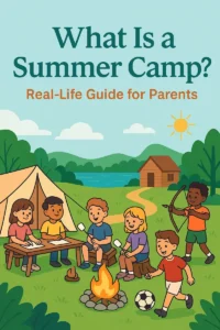 Kids enjoying summer camp activities like roasting marshmallows and playing sports around a campfire.