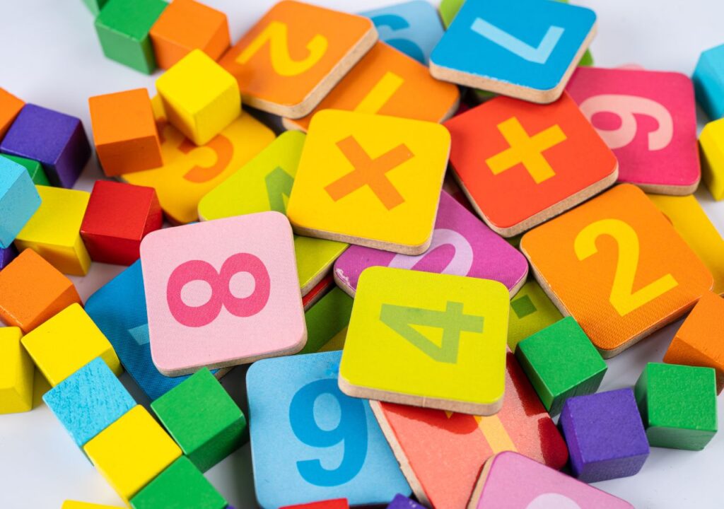 Colorful number and math blocks for kids' educational summer camp activities.