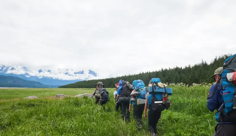 Campers backpack through scenic grassy field at summer camp, exploring wilderness and nature. Campers backpack through scenic grassy field at summer camp, exploring wilderness and nature.