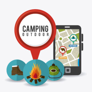 Camping essentials and map on smartphone. Discover summer camps and outdoor adventures with our directory guide.