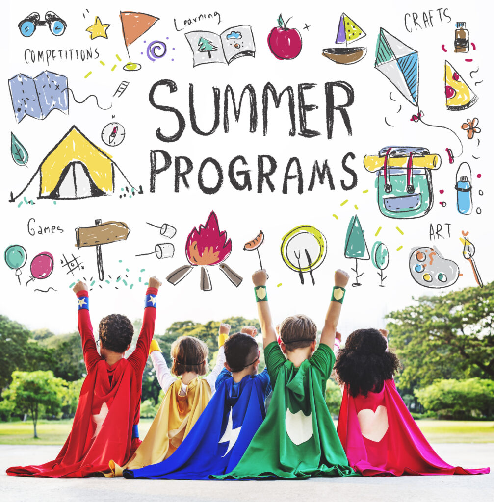 Kids in superhero capes celebrate summer camp with activities like camping, art, and games. Fun and adventure await!
