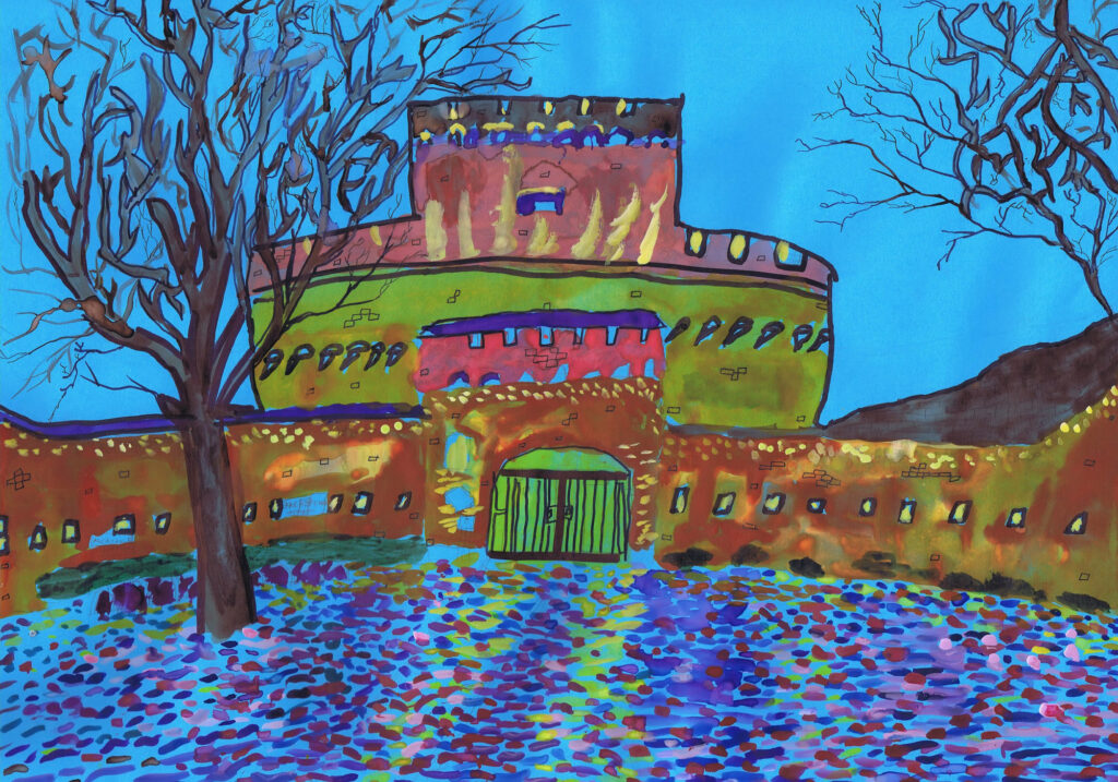 Colorful castle mural with trees, showcasing creative art at summer camp location. Ideal for young artists.