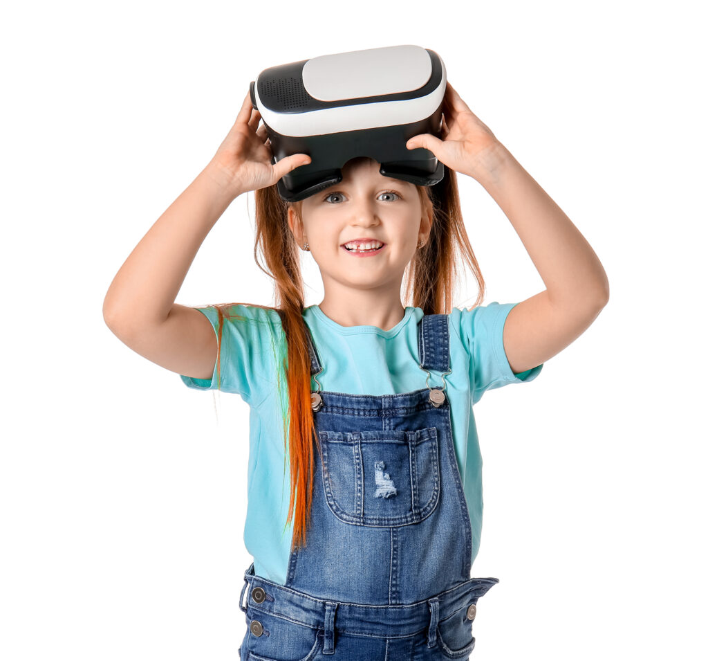 Child enjoying virtual reality experience at summer camp.