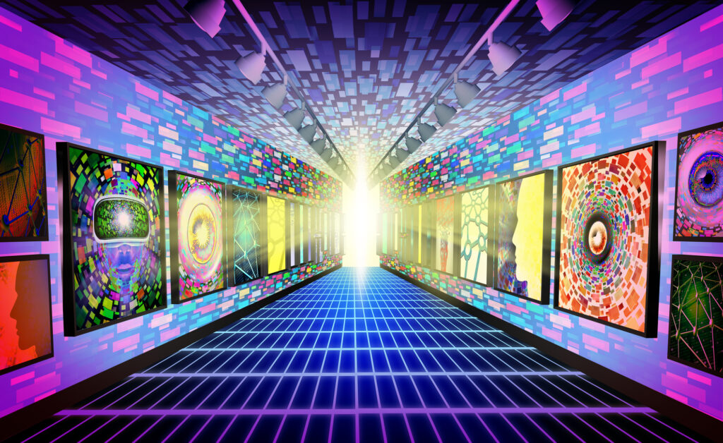 Colorful digital art exhibits line a neon-lit corridor, showcasing creativity at a tech summer camp.