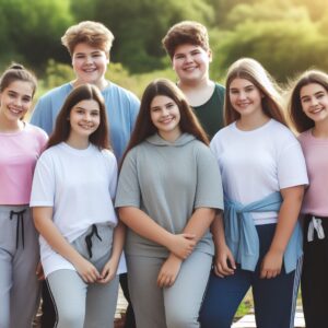 a group of overweight teens posing for a picture and smiling, showing that they are happy and wearing comfortable exercise clothing, with an outdoor background for a weight loss camp