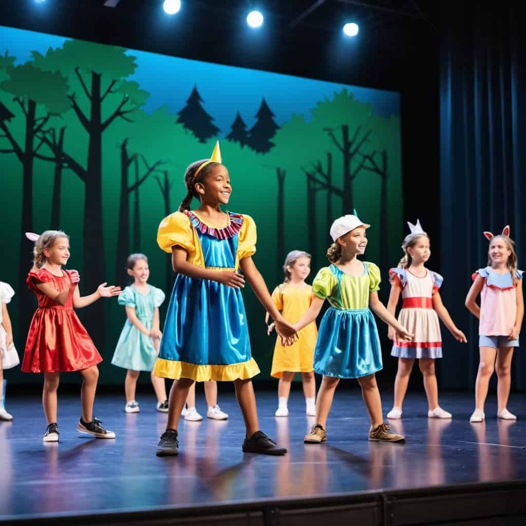 openart-image_CttDrSgZ_1712474844122_raw a group of children campers wearing costumes doing theater shows on the stage at summer camp.