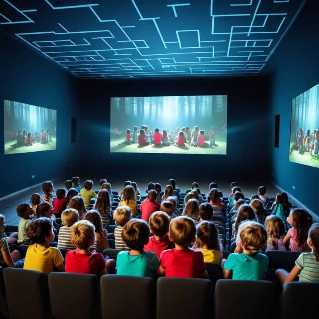 openart-image_RTEz-mGA_1712029797859_raw children campers seated in rows inside a hall having fun fun watching a movie in a summer camp. the angle is from the back and the huge screen showing the film is projected in front of the children