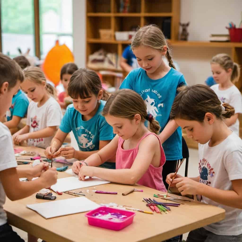 openart-image_xnfR9GDD_1712473895585_raw a group of children campers doing arts and crafts indoor