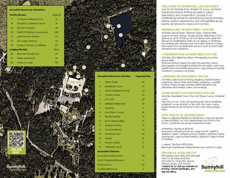 Map of Sunnyhill Adventures detailing activities and facilities at the summer camp, including lodging and adventure options.