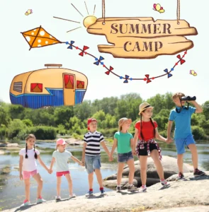Children exploring nature at summer camp, holding hands near a river; ideal for adventure and fun activities.
