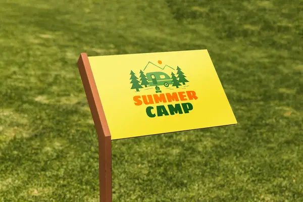 Summer camp sign with trees and camper illustration on grassy field background, ideal for camp directory listings.