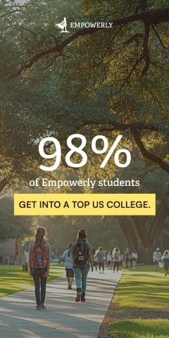Students walking on a campus path with text: 98% of Empowerly students get into a top US college.