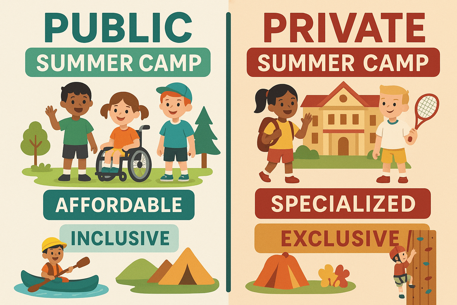 Infographic contrasting public and private summer camps, showing affordable and inclusive public options with green and blue tones, versus specialized and exclusive private camps in red and gold tones. Features children, facilities, and unique activities visually represented.