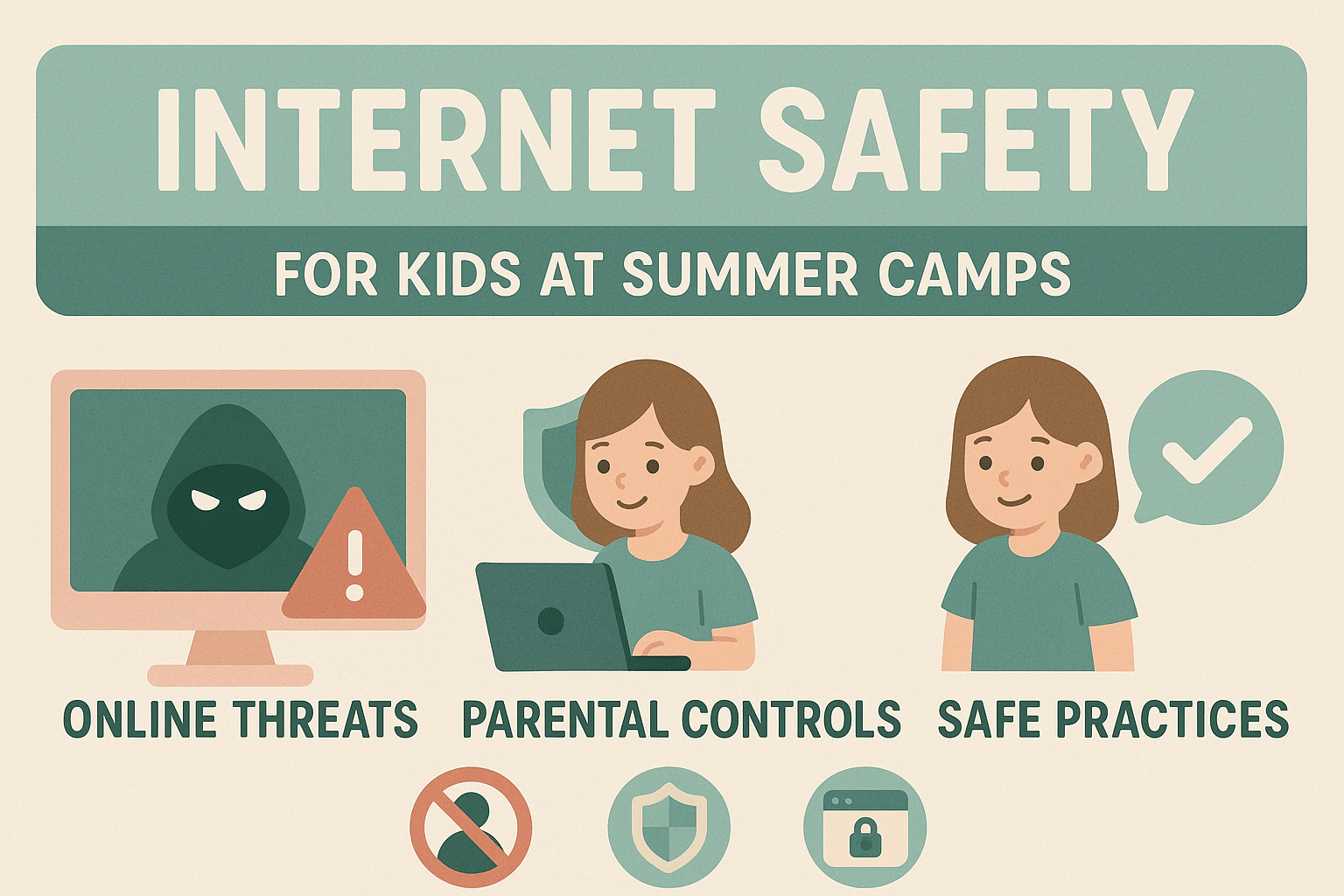 Internet safety tips for kids at summer camps: online threats, parental controls, and safe practices illustrated.