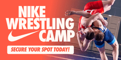 Nike Wrestling Camp promotion featuring two wrestlers in action; secure your spot today!