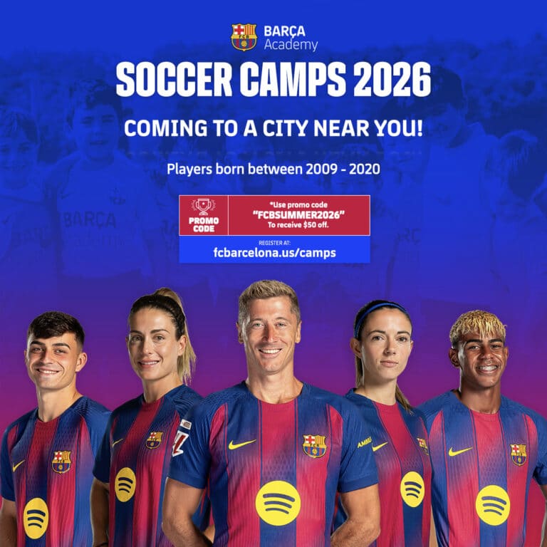 Barça Academy soccer camps 2026 promotion with players, offering $50 off for ages 6-13. Register now!